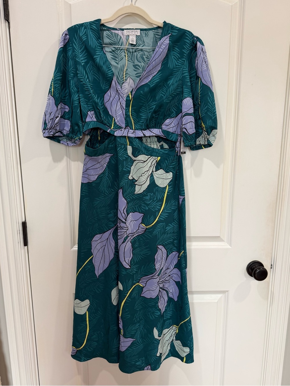 sofia by sofia vergara Teal Midi Dress with Lavender and Yellow Floral Print